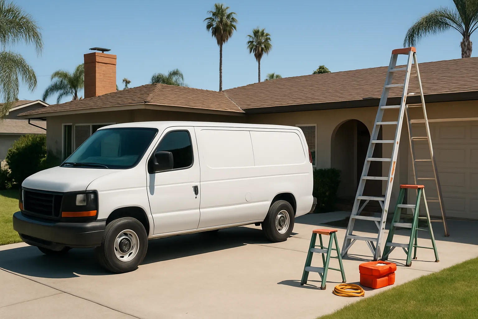 a plain service van parked in front of a suburban home with equipment