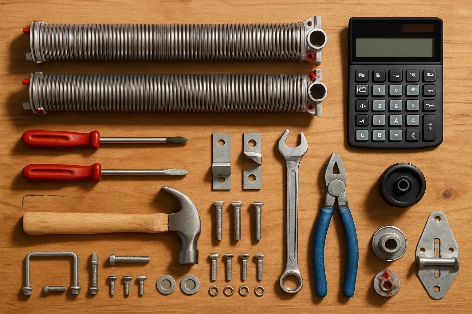 garage door repair tools, hardware, and a calculator on a workbench