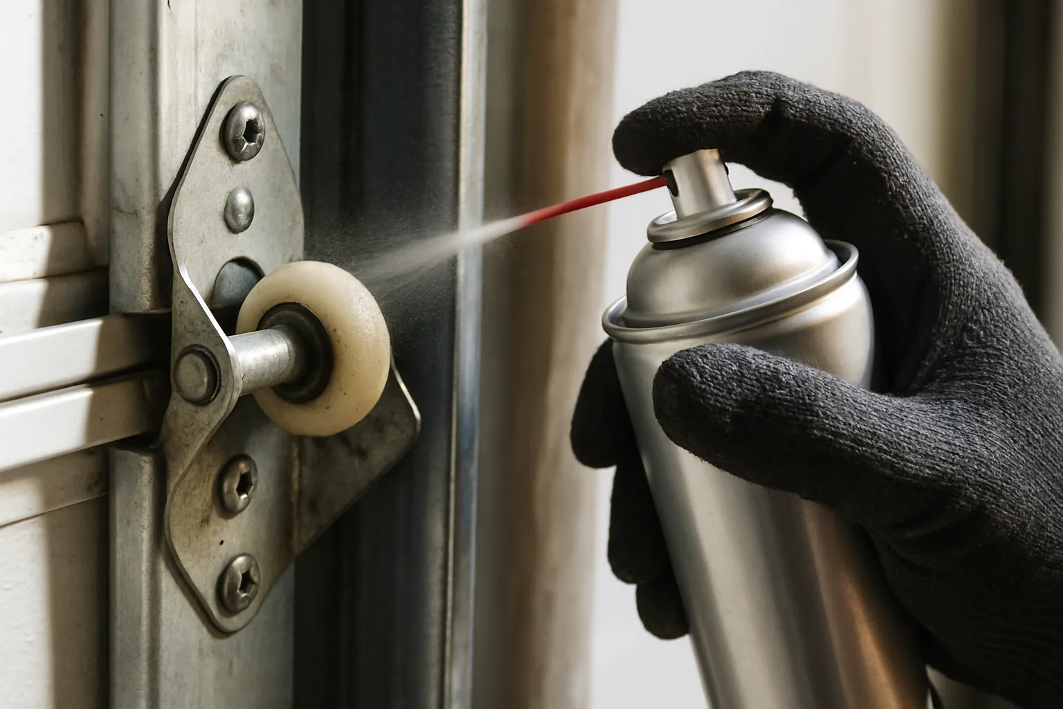 applying lubricant to a garage door roller and hinge during maintenance