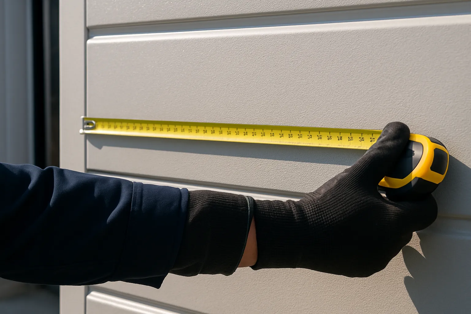 new insulated garage door being measured with a tape measure