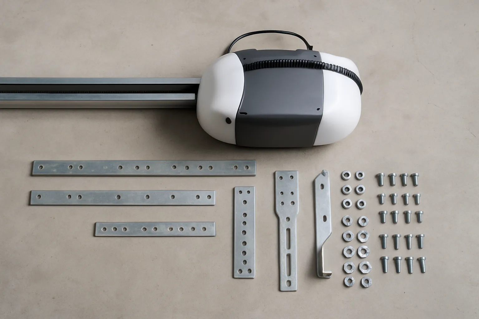 new belt-drive garage door opener and rail laid out on a garage floor