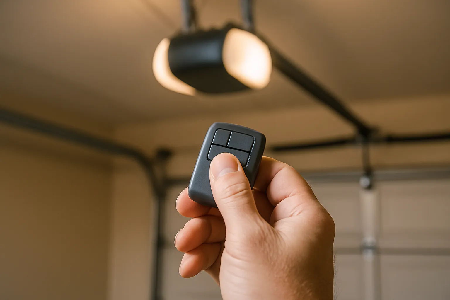 hand holding a garage door remote pointed at the opener
