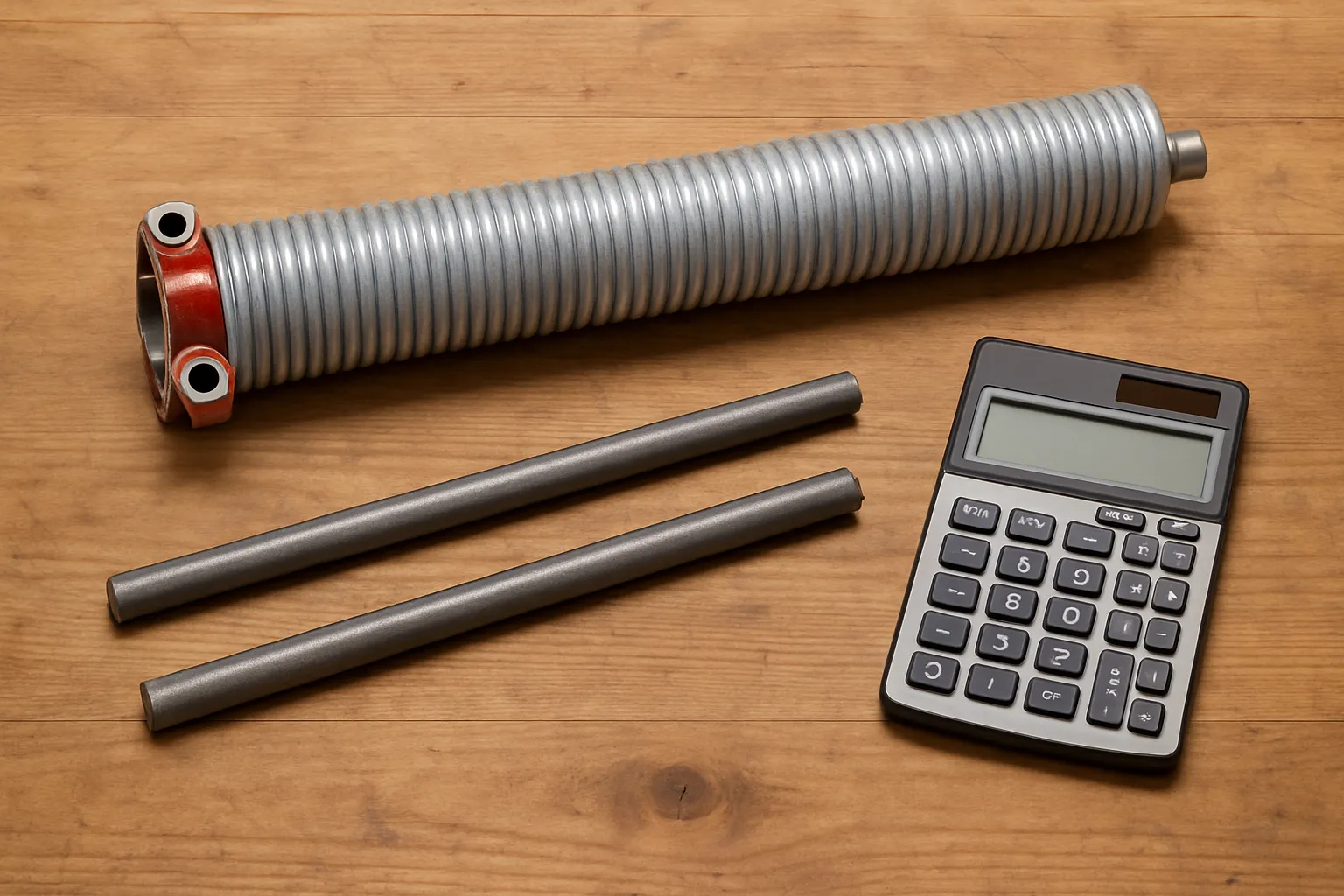 new garage door torsion spring and winding bars on a workbench