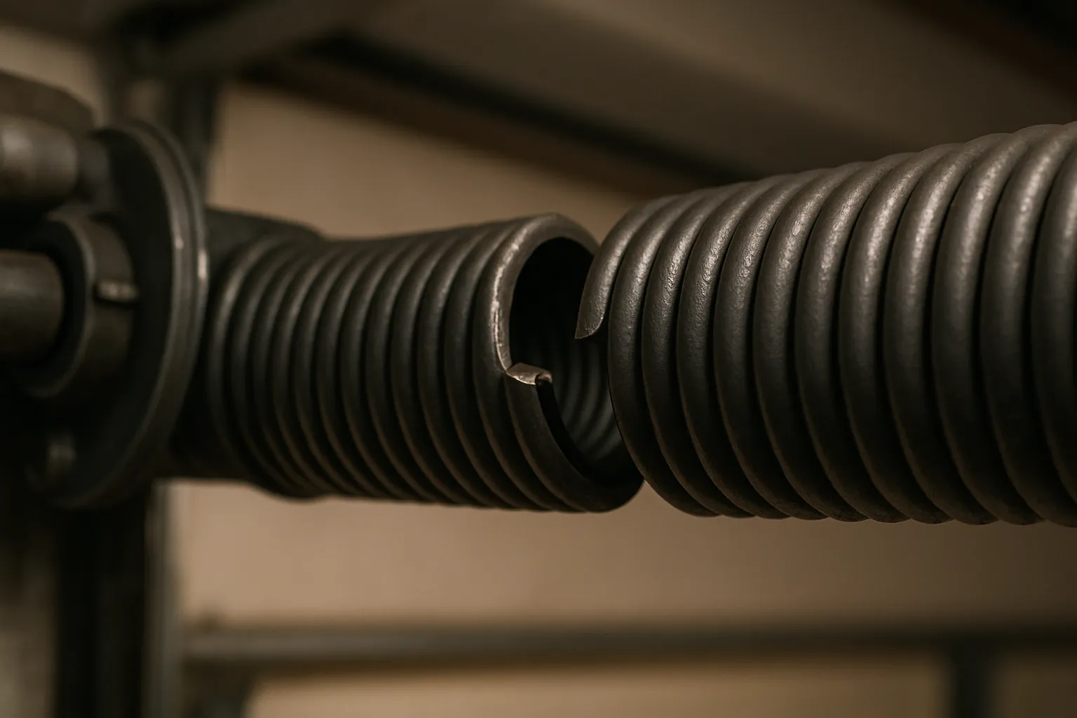 broken garage door torsion spring with a visible gap in the coil