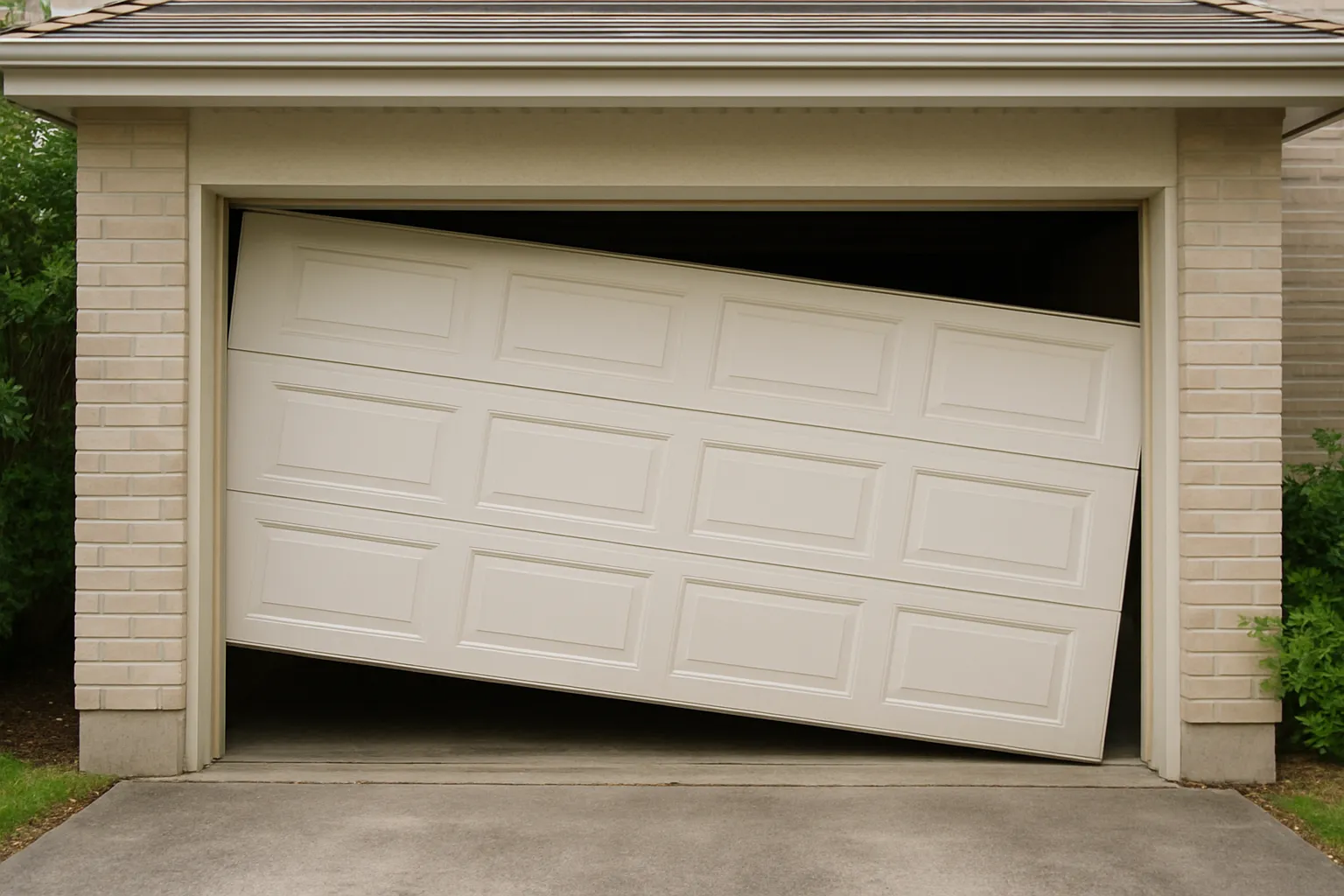 residential garage door stuck partly open at an angle